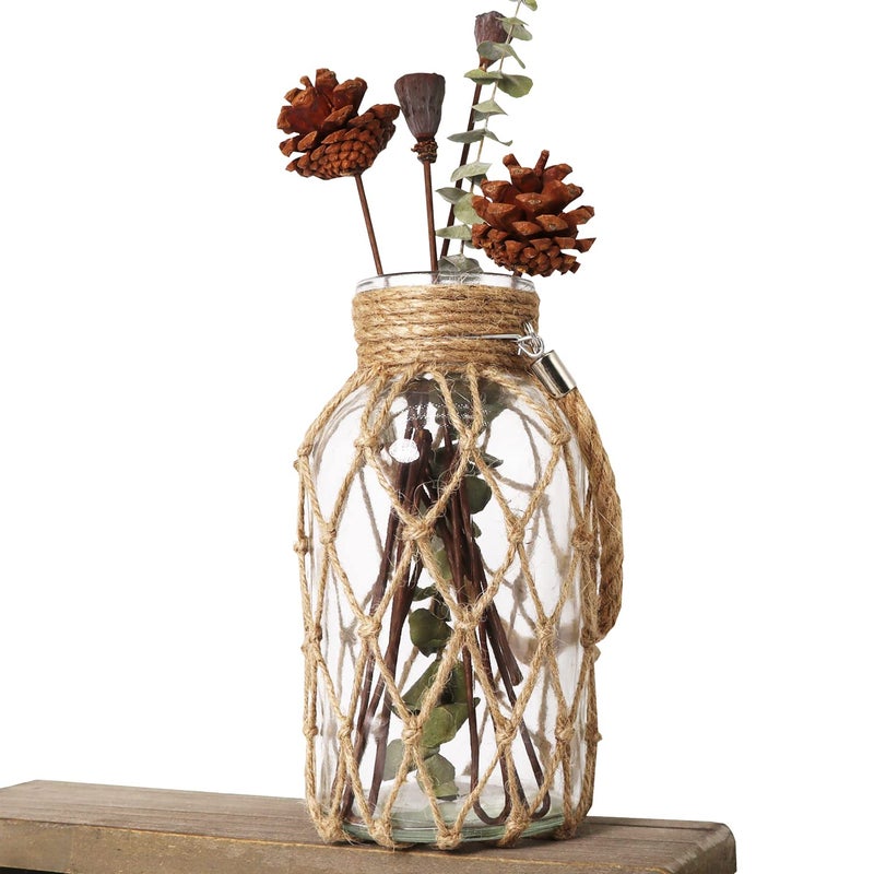 Funsoba Rustic Hanging Mason Jar Creative Rope Net Dry Flower Glass Vase with Handle (1 Vase 8") - Image 1